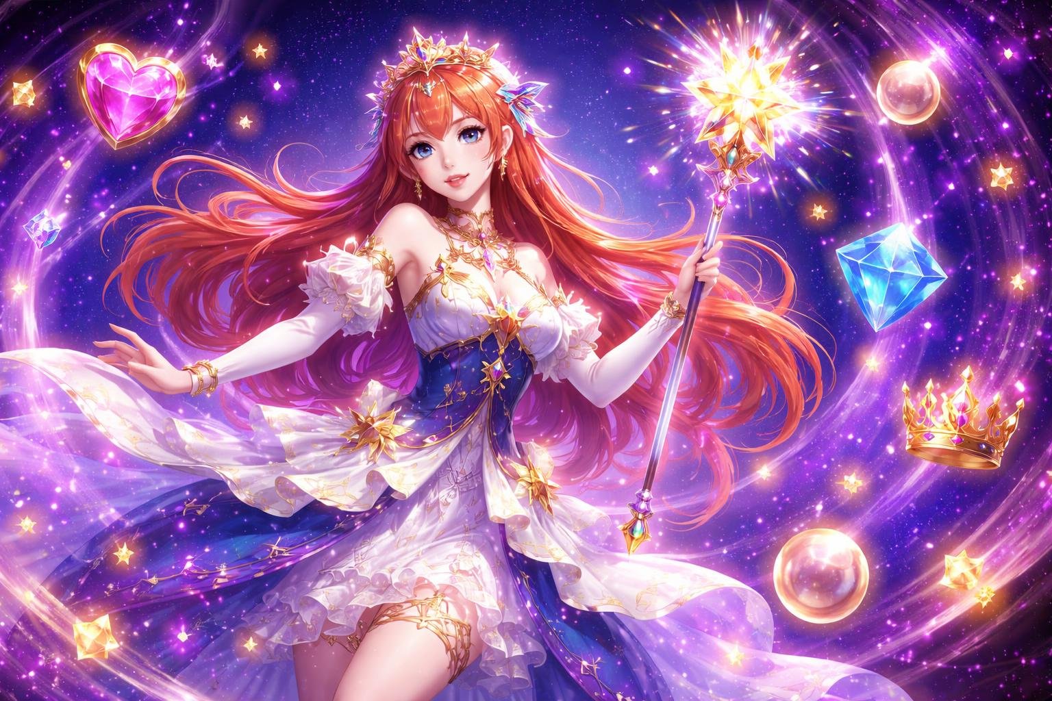 Seorang putri mistis dengan pakaian bercahaya dikelilingi bintang dan elemen magis yang melambangkan permainan slot.