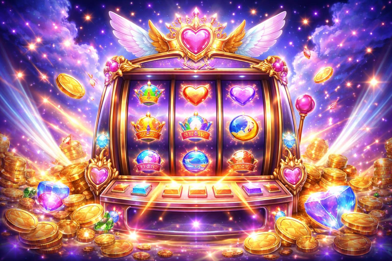 Ilustrasi mesin slot bertema putri bintang dengan cahaya berkilau dan koin emas yang melambangkan kemenangan besar.