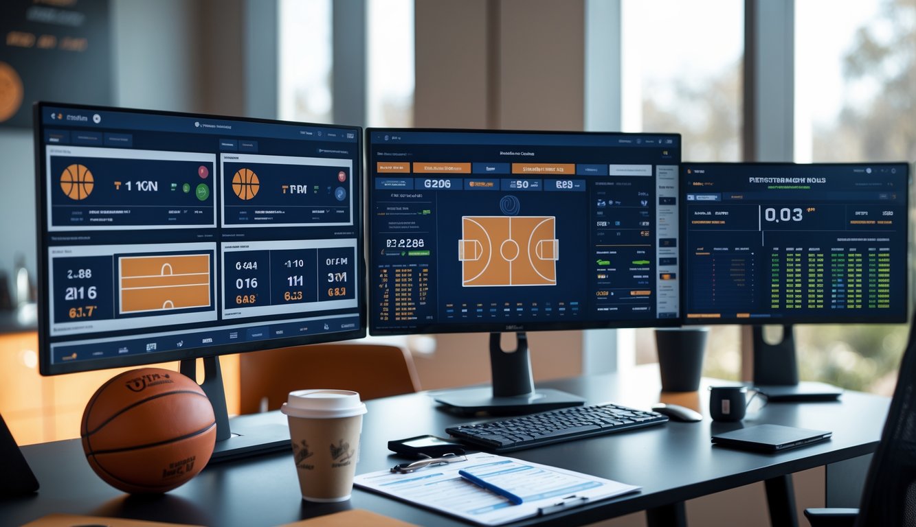 Meja kerja dengan beberapa layar menampilkan statistik bola basket, skor langsung, dan data prediksi odds.