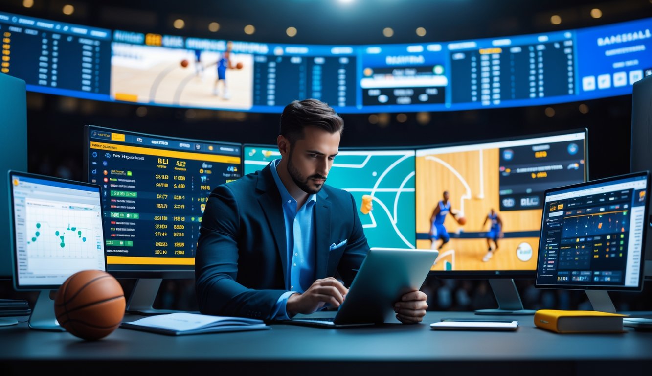 Seorang analis olahraga sedang bekerja dengan beberapa monitor yang menampilkan statistik dan skor pertandingan bola basket secara langsung di sebuah ruang kerja modern.