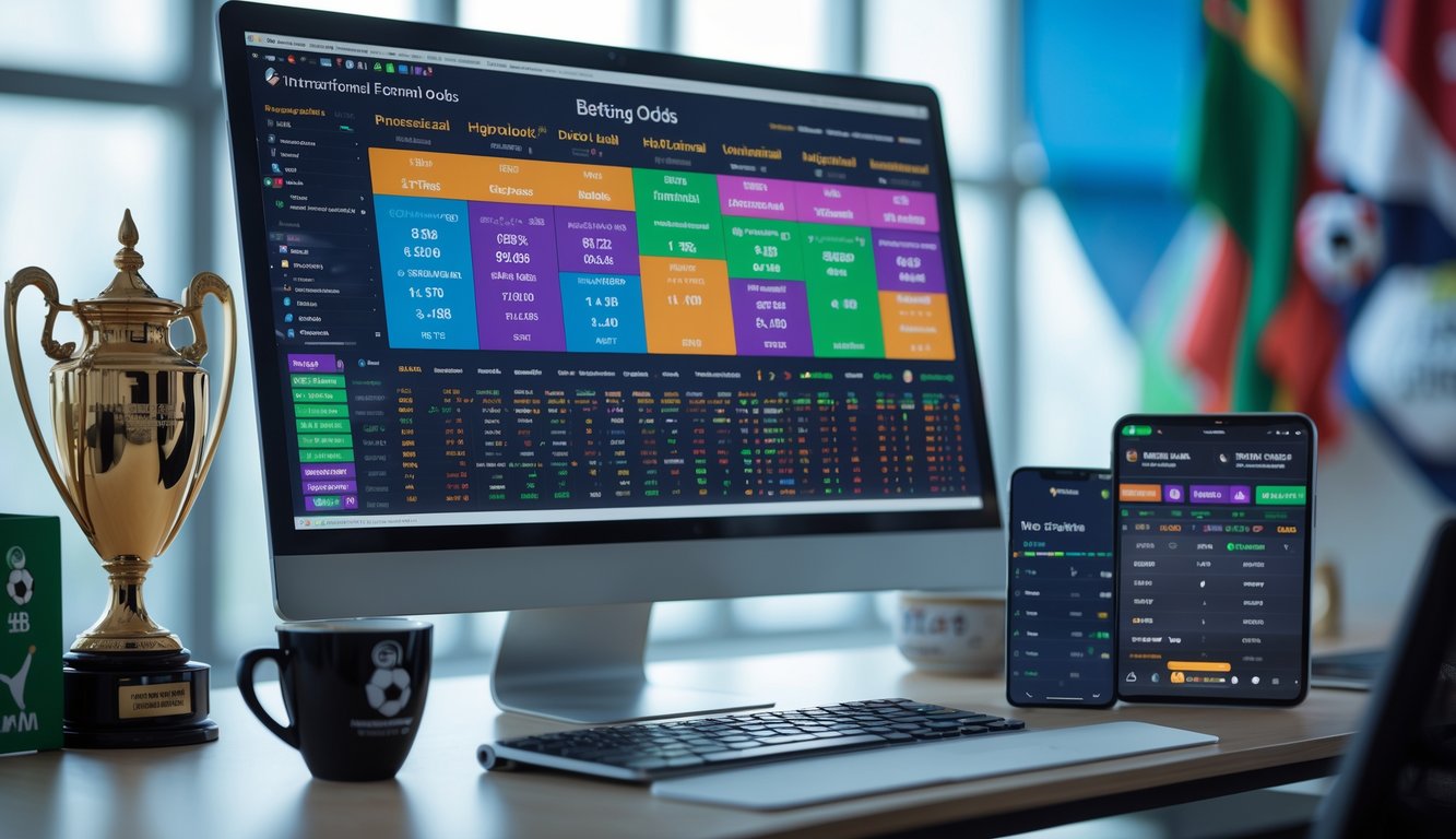 Sebuah ruang kerja modern dengan monitor komputer menampilkan data taruhan sepak bola internasional dan Indonesia.