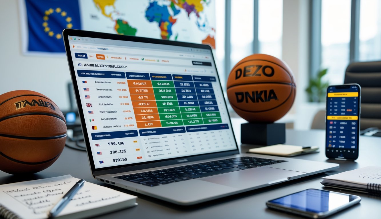 Meja kerja dengan laptop yang menampilkan statistik dan peluang basket dari berbagai liga internasional dan Indonesia, dikelilingi bola basket dan perangkat elektronik.