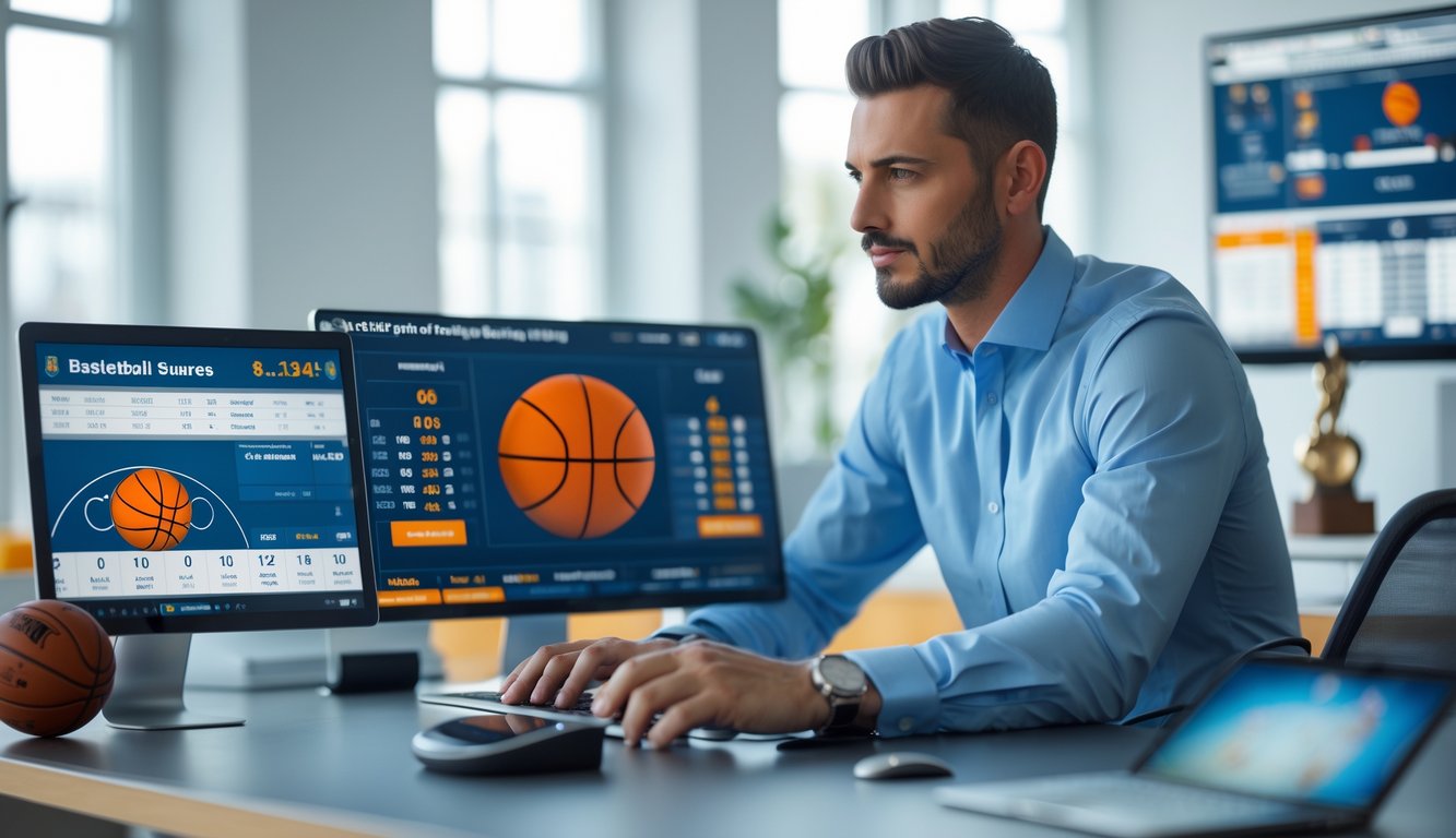 Seorang analis sedang memeriksa data dan statistik taruhan bola basket di depan komputer di ruang kantor yang rapi.