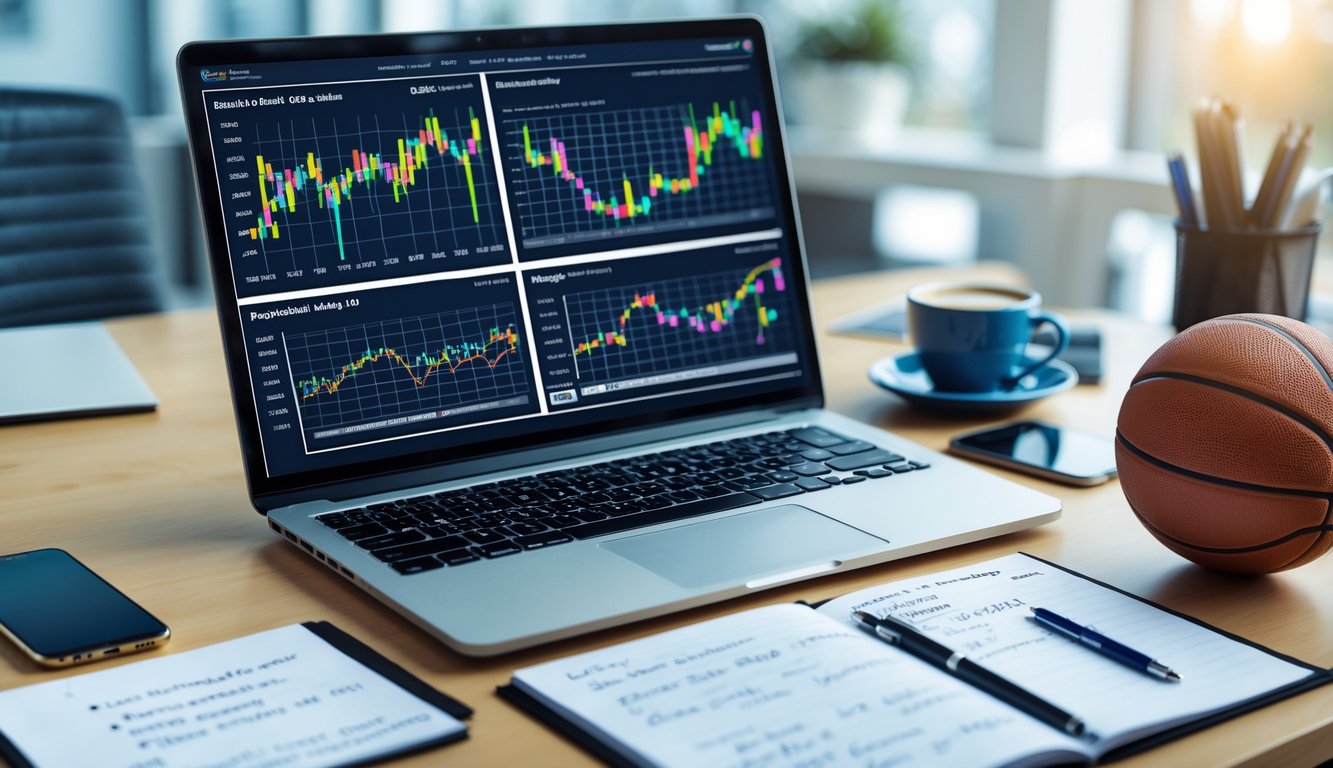 Meja kerja dengan laptop yang menampilkan grafik odds basket, sebuah bola basket di atas meja, dan alat tulis di sampingnya.