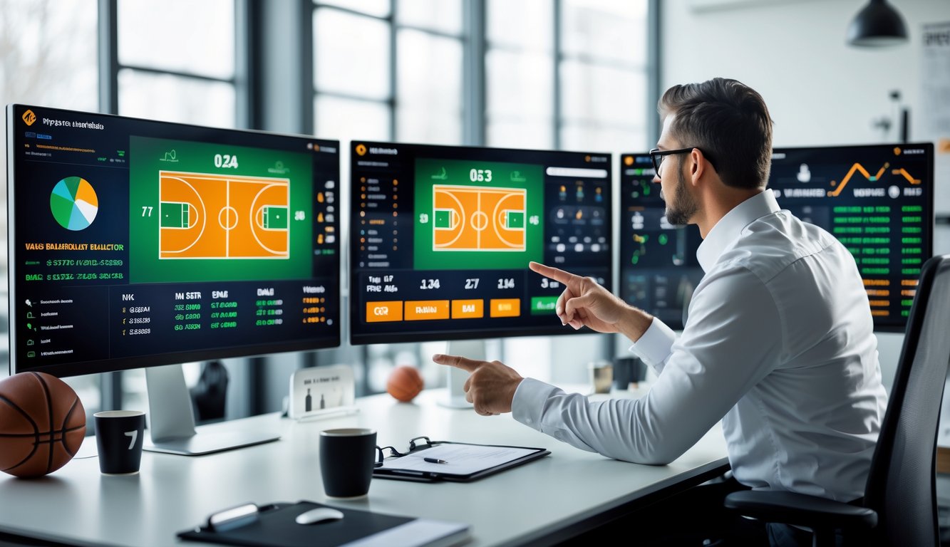 Seorang profesional sedang bekerja di meja dengan beberapa layar komputer yang menampilkan statistik bola basket dan prediksi pertandingan secara real-time.
