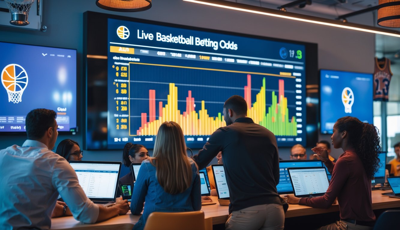 Orang-orang sedang melihat data peluang taruhan bola basket secara langsung di layar digital dalam ruangan modern.