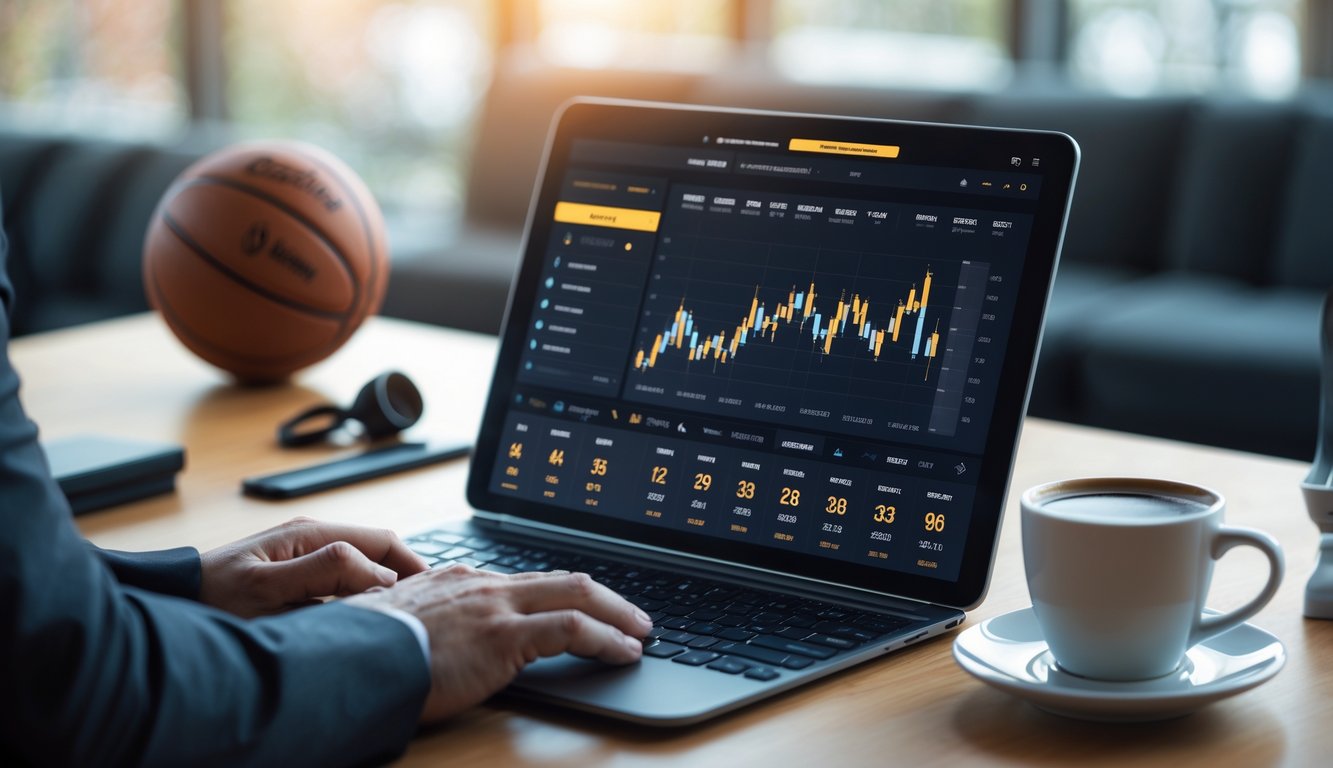 Sebuah meja dengan perangkat digital yang menampilkan data taruhan bola basket dan beberapa perlengkapan bola basket di sekitarnya.