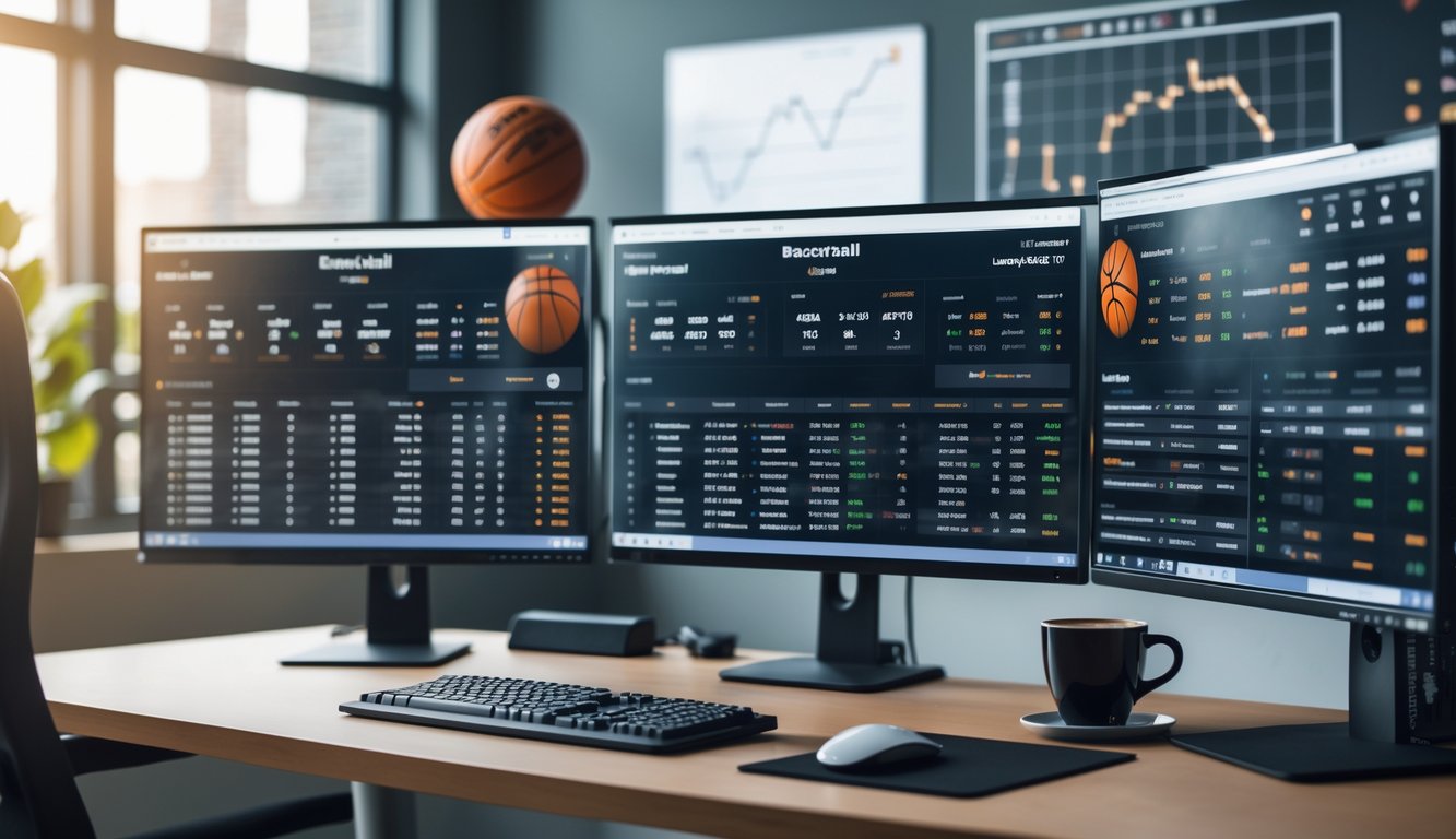 Sebuah ruang kerja modern dengan beberapa monitor yang menampilkan statistik dan peluang taruhan bola basket dari berbagai liga besar.