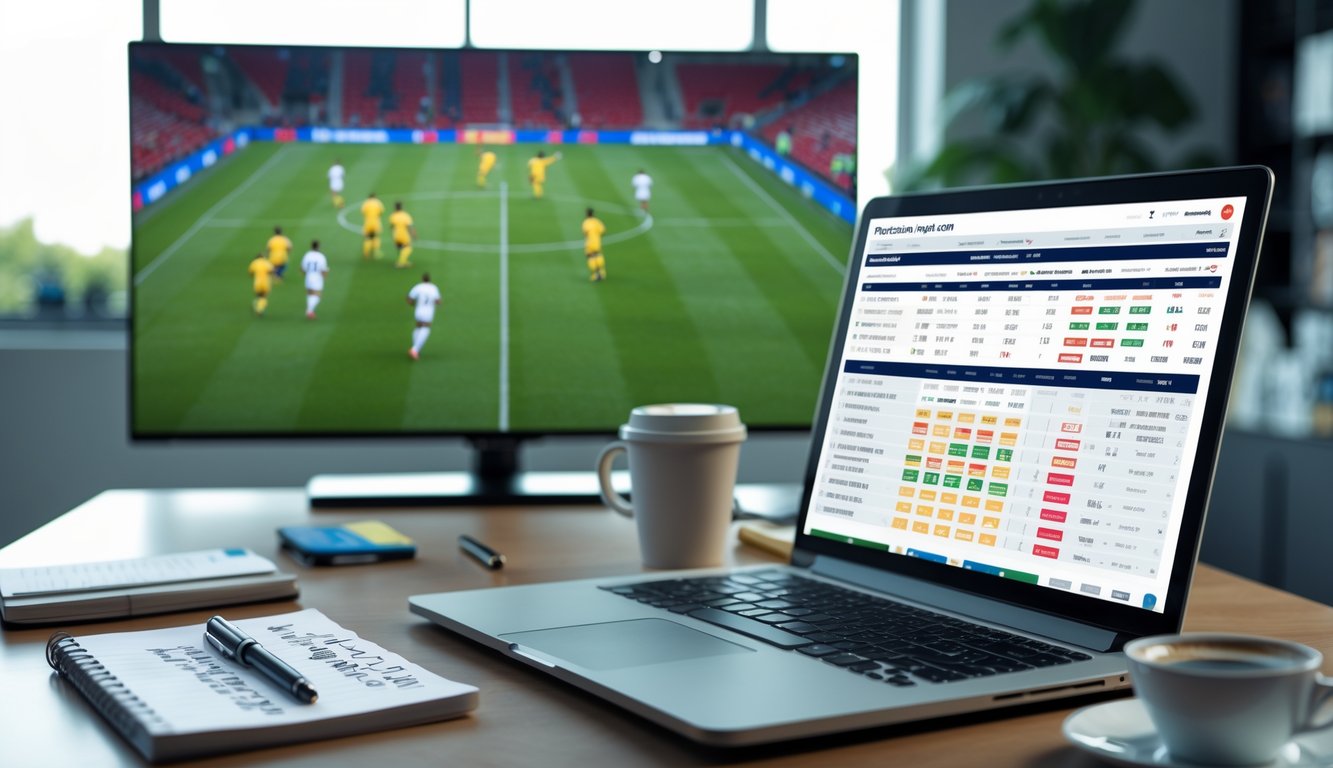 Ruang kerja analis olahraga dengan laptop menampilkan grafik prediksi skor dan odds pertandingan sepak bola, notepad, pena, dan televisi yang menayangkan pertandingan sepak bola.