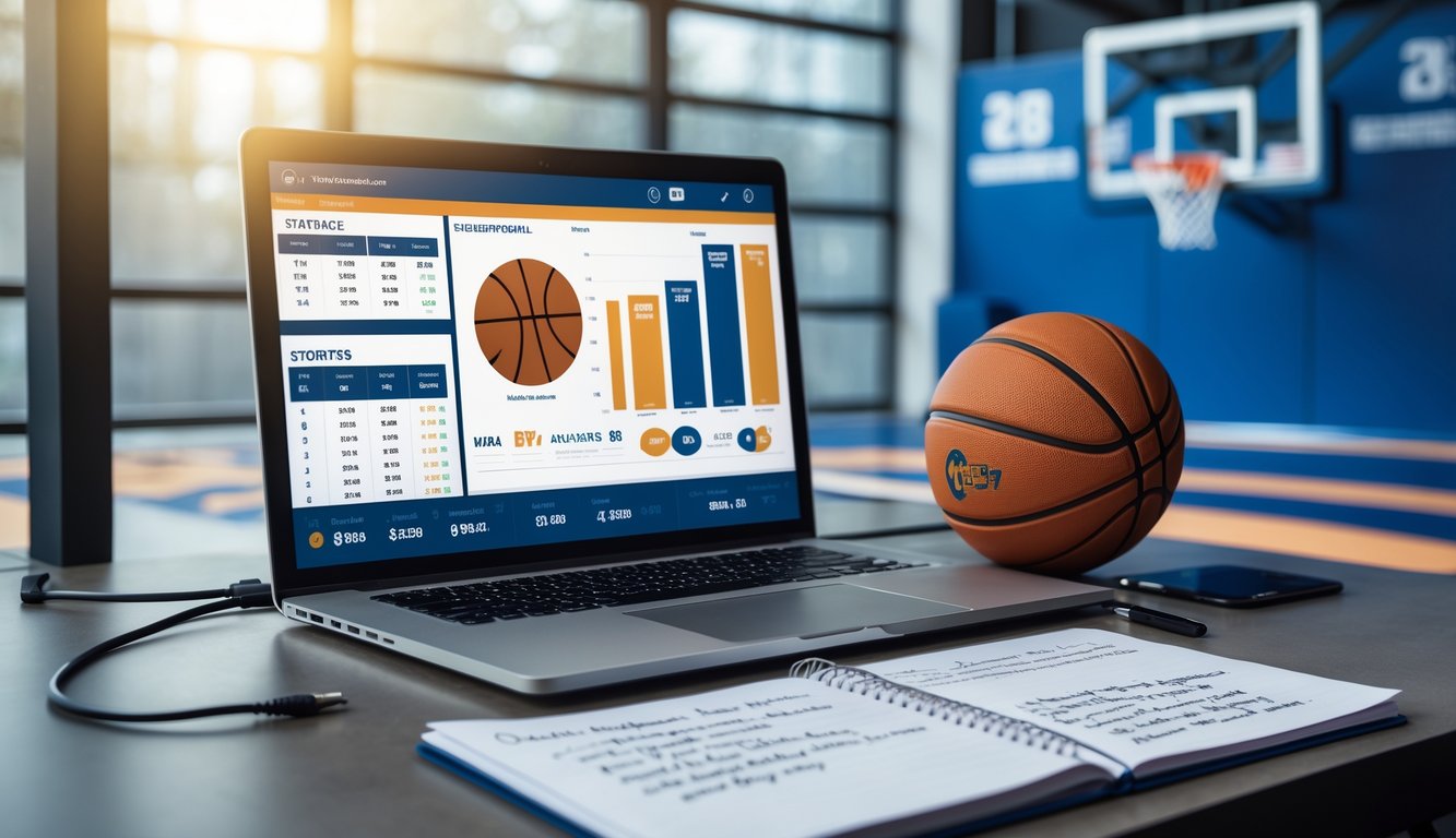 Meja kerja dengan laptop yang menampilkan statistik bola basket, bola basket di samping, dan catatan prediksi skor pertandingan.