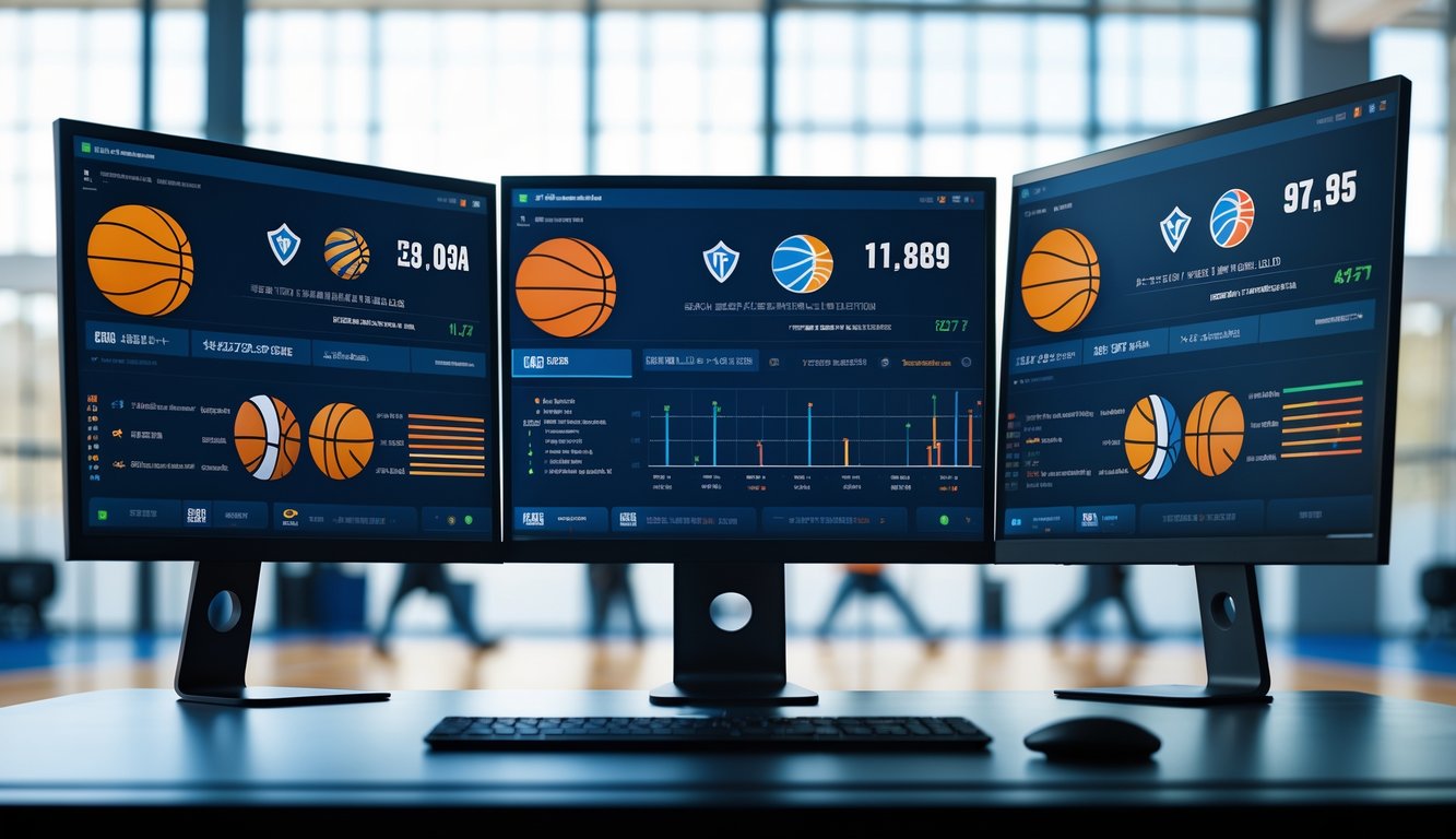 Ruang kerja dengan beberapa monitor yang menampilkan statistik bola basket dan perbandingan tim, dengan lapangan bola basket terlihat di latar belakang.