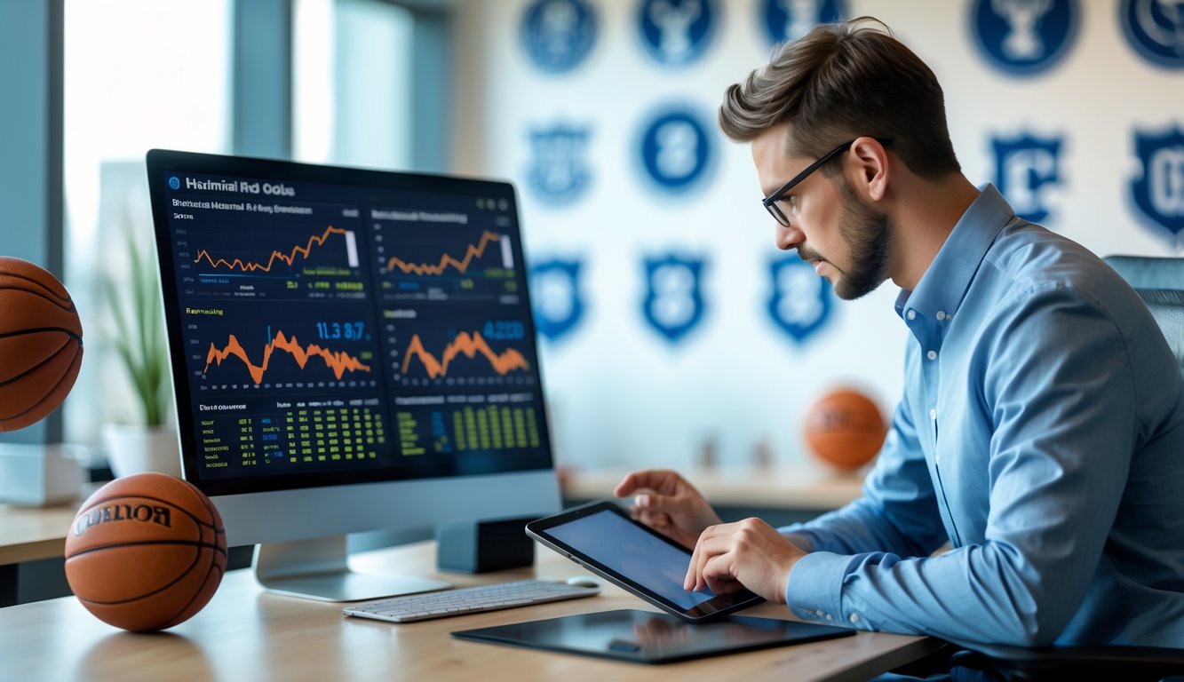 Seorang analis olahraga sedang bekerja di depan komputer dengan data statistik dan perbandingan tim bola basket di sebuah kantor modern.
