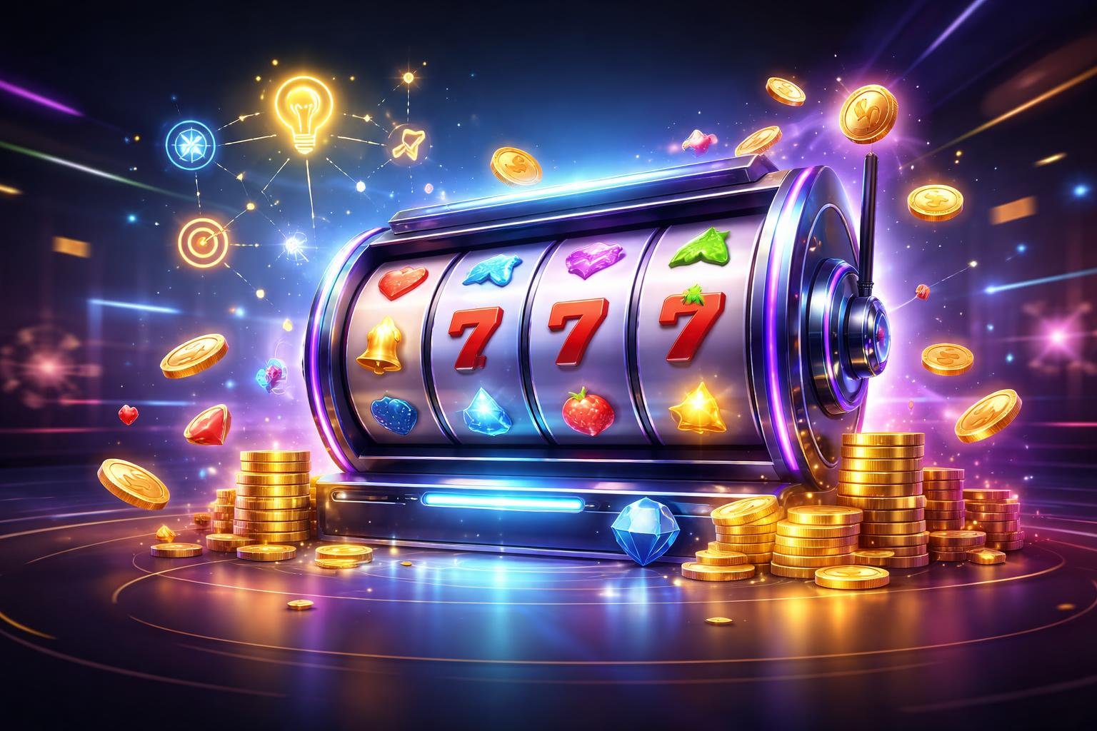 Ilustrasi mesin slot modern dengan gulungan berwarna-warni dan koin yang berkilauan di lingkungan kasino futuristik.
