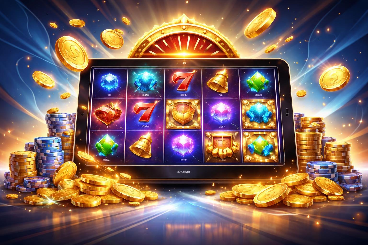 Ilustrasi perangkat digital yang menampilkan permainan slot dengan simbol berwarna-warni dan efek koin serta lampu berkilauan di latar belakang.