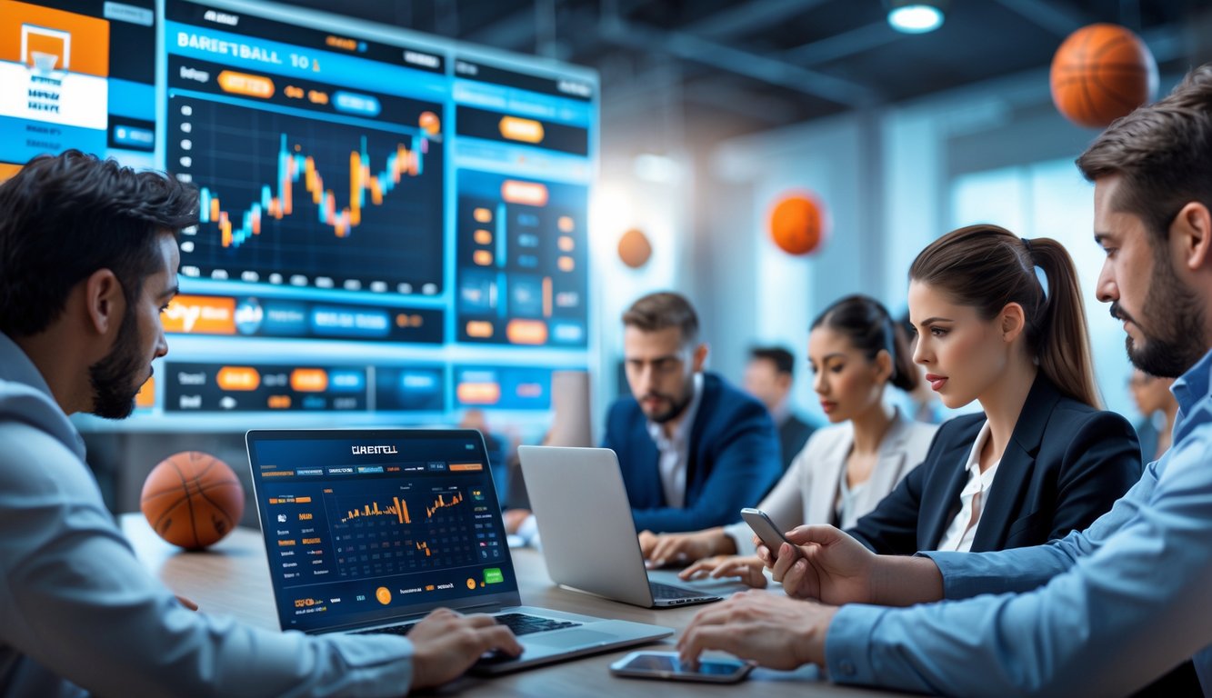 Orang-orang sedang menggunakan perangkat digital untuk menganalisis dan memasang taruhan bola basket terbaru dan tren.