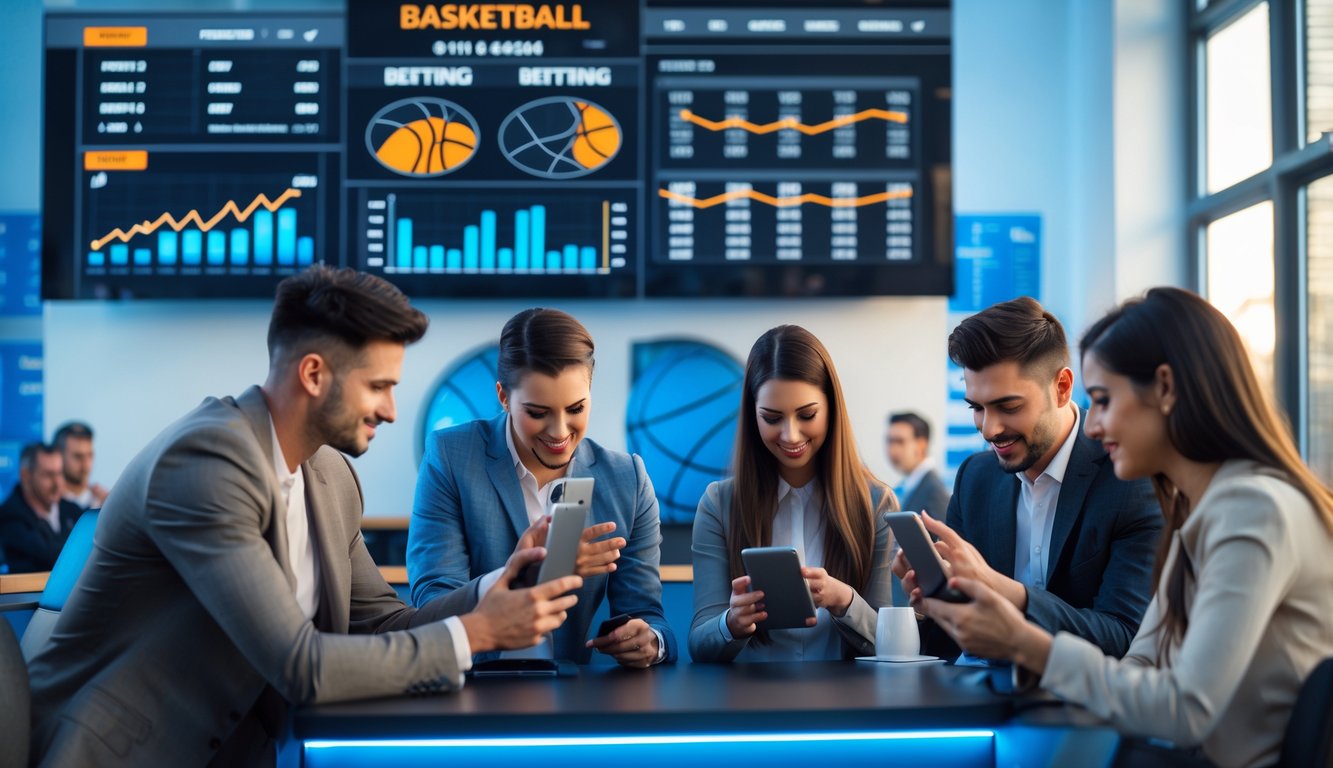 Sekelompok orang muda sedang melihat dan mendiskusikan data taruhan bola basket di layar digital dalam ruangan modern.