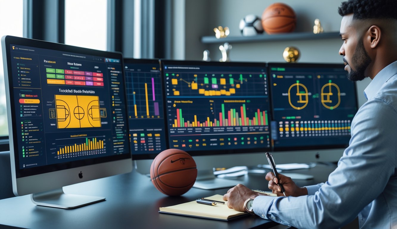 Seorang analis basket duduk di depan komputer dengan layar yang menampilkan statistik tim dan performa pemain, sedang menganalisis data untuk prediksi odds pertandingan hari ini.