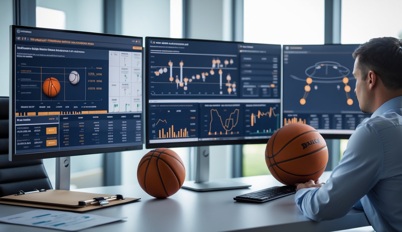 Seorang analis olahraga bekerja di depan beberapa monitor yang menampilkan data statistik dan grafik terkait tim basket dan performa pemain.