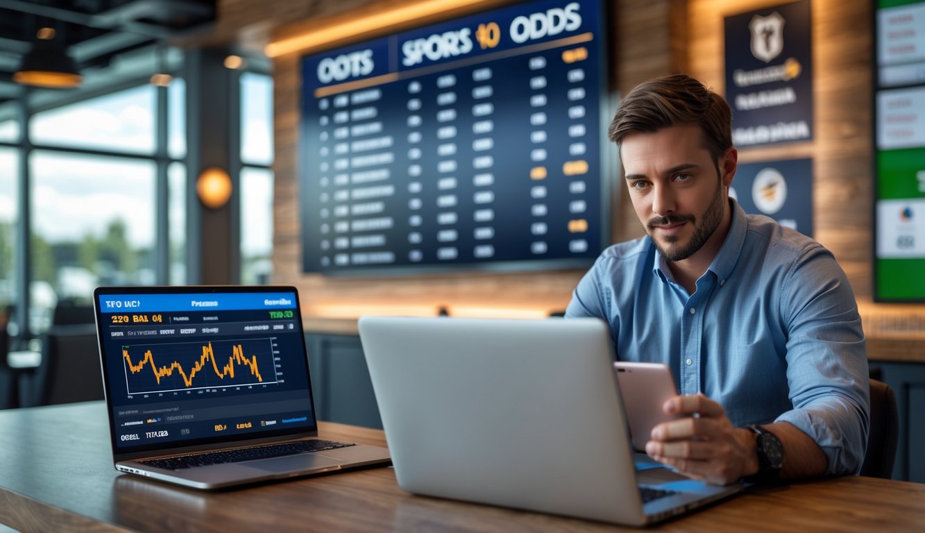 Seseorang sedang melihat layar digital yang menampilkan update odds taruhan olahraga secara langsung di sebuah ruangan modern.