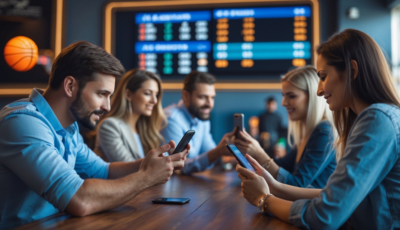 Beberapa orang melihat perangkat elektronik mereka sambil memantau pembaruan langsung dan peluang taruhan bola basket.