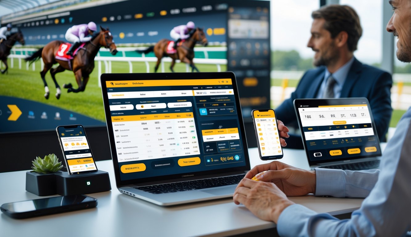 Seseorang menggunakan perangkat digital di meja kerja dengan latar belakang balap kuda.