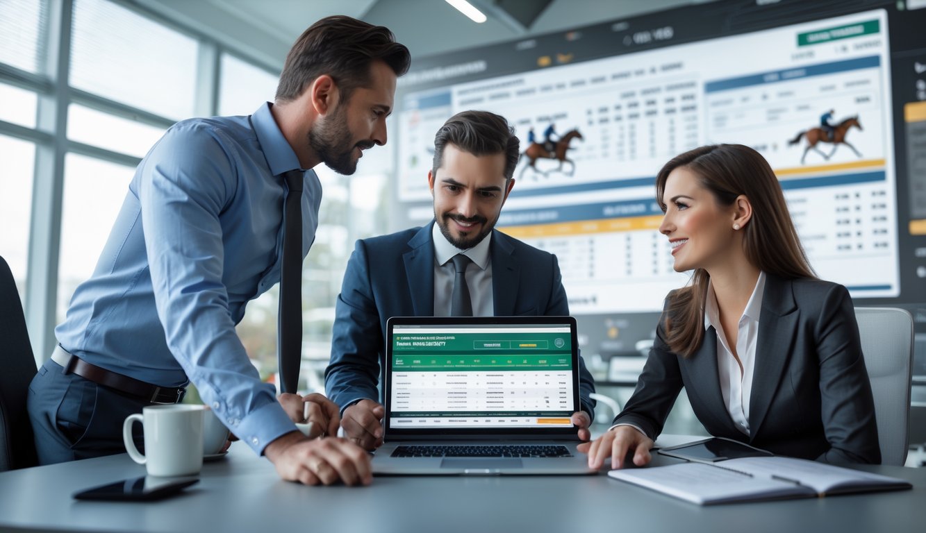 Seorang pria dan wanita berpakaian rapi sedang berdiskusi di depan laptop dengan data balap kuda di layar dalam suasana kantor modern.