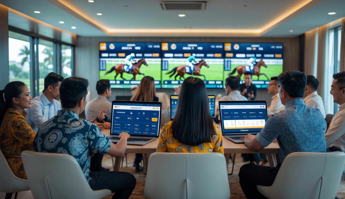 Sekelompok orang sedang menonton balap kuda secara langsung dan memasang taruhan di perangkat digital di ruangan modern.