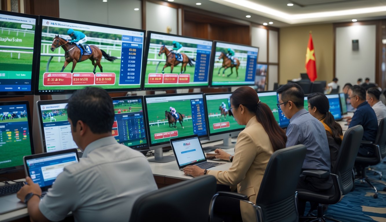 Sejumlah orang menggunakan komputer dan perangkat elektronik untuk memasang taruhan balap kuda secara online di sebuah ruangan modern.