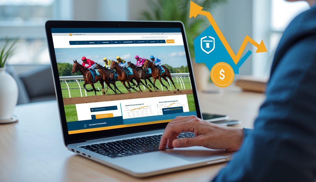 Seseorang menggunakan komputer dengan tampilan balap kuda online dan simbol keamanan di latar belakang.