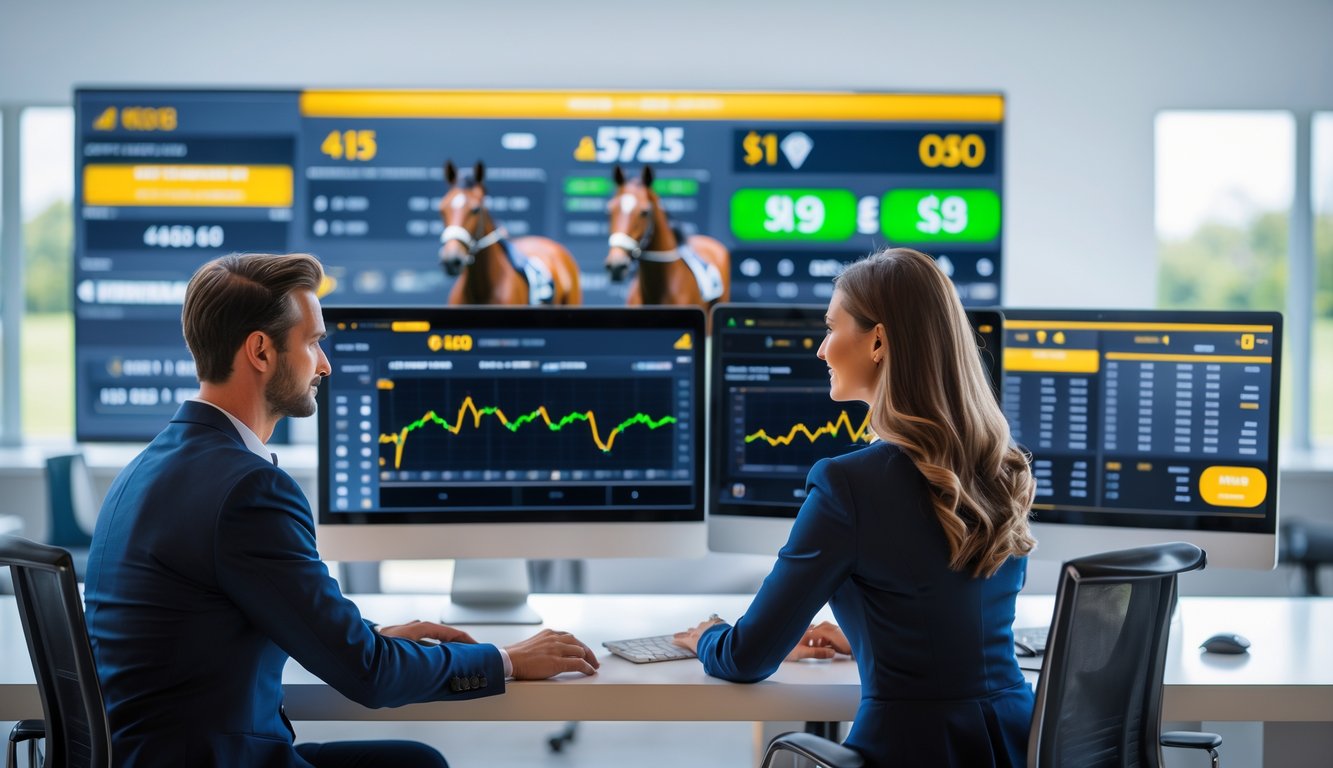 Dua orang sedang menggunakan komputer dengan tampilan data balap kuda online di sebuah kantor yang terang dan modern.