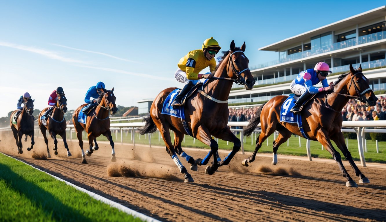 Beberapa kuda pacuan dengan joki berwarna-warni berlari kencang di lintasan balap dengan penonton di tribun di latar belakang.