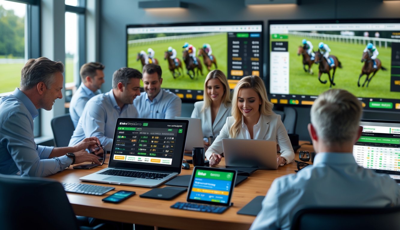 Orang-orang menggunakan perangkat digital untuk taruhan balap kuda online dengan layar yang menampilkan balapan langsung dan virtual.