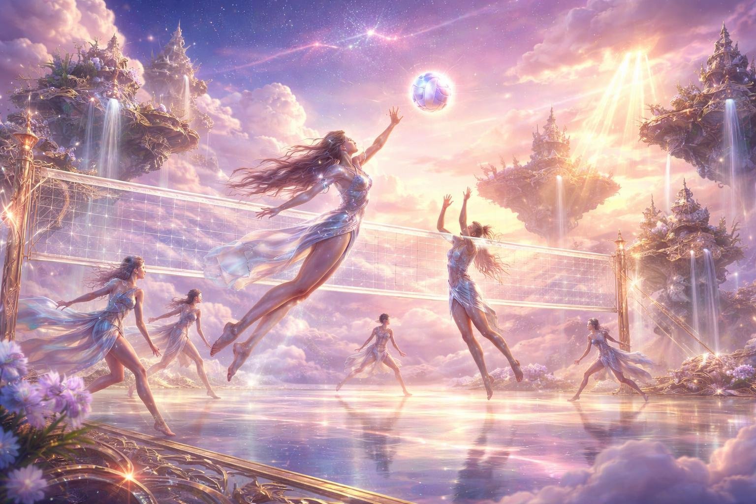 Arena voli terapung di atas awan dengan pemain-pemain fantastis yang sedang bermain voli menggunakan bola bercahaya, dikelilingi pulau-pulau dan patung-patung kuno di bawah langit senja.