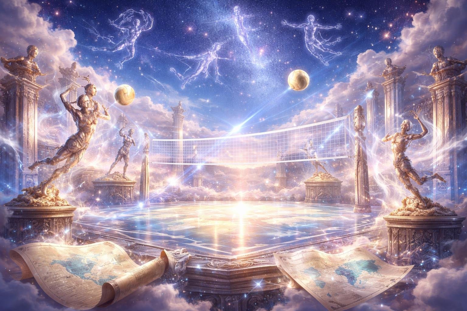 Suasana arena voli yang mengambang di awan dengan patung-patung atlet dan bola voli bercahaya di udara, menggambarkan sejarah dan perkembangan voli internasional.