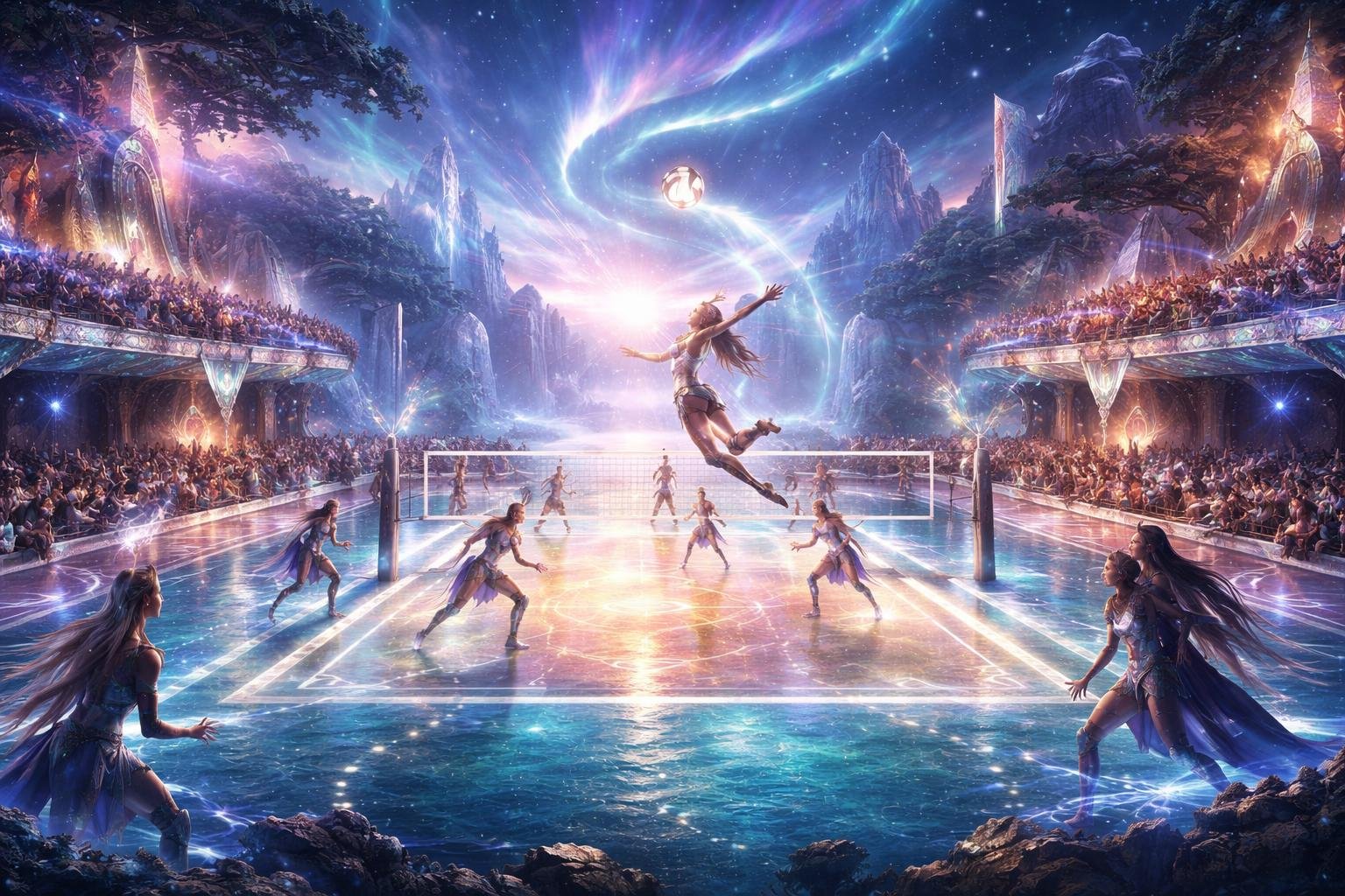 Adegan kompetisi voli internasional di arena mengambang di atas danau berkilau dengan penonton berbagai makhluk fantastis menyaksikan pertandingan di bawah langit penuh aurora.