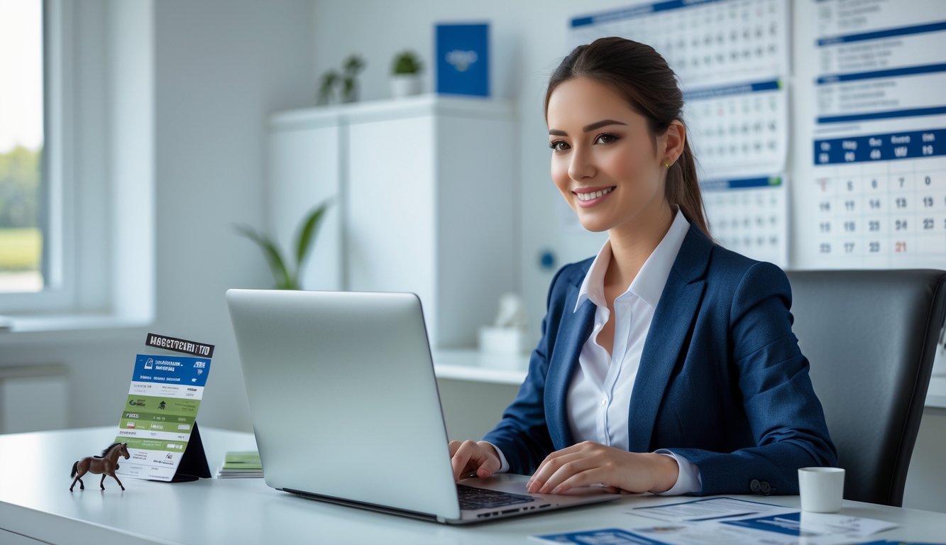 Seorang wanita muda duduk di meja kantor modern menggunakan laptop untuk mendaftar agen balap kuda online resmi dengan suasana profesional dan ramah.