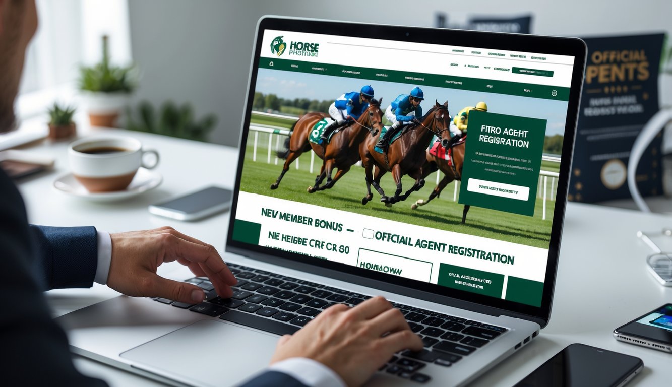 Orang sedang mendaftar agen resmi balap kuda online menggunakan laptop di meja kerja.