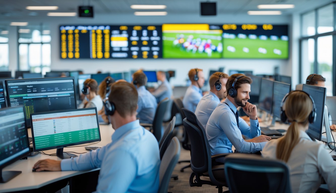 Tim layanan pelanggan yang ramah bekerja di pusat layanan dengan monitor menampilkan data balap kuda.