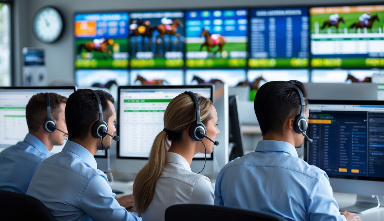 Pusat layanan pelanggan dengan staf yang menggunakan headset dan komputer, menampilkan layar balap kuda online dan suasana kerja yang profesional.