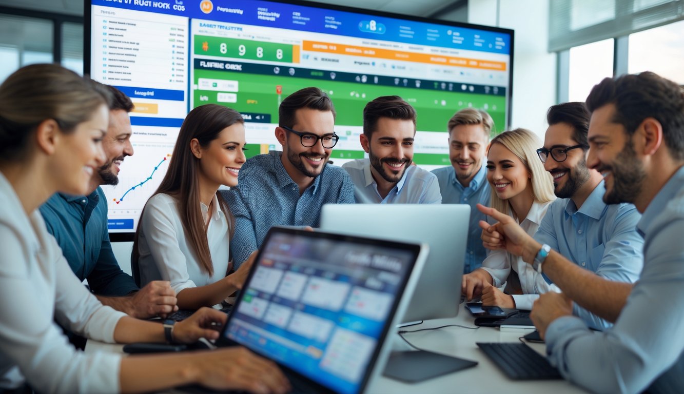 Sekelompok orang sedang melihat layar digital yang menampilkan data balap kuda di sebuah kantor modern.