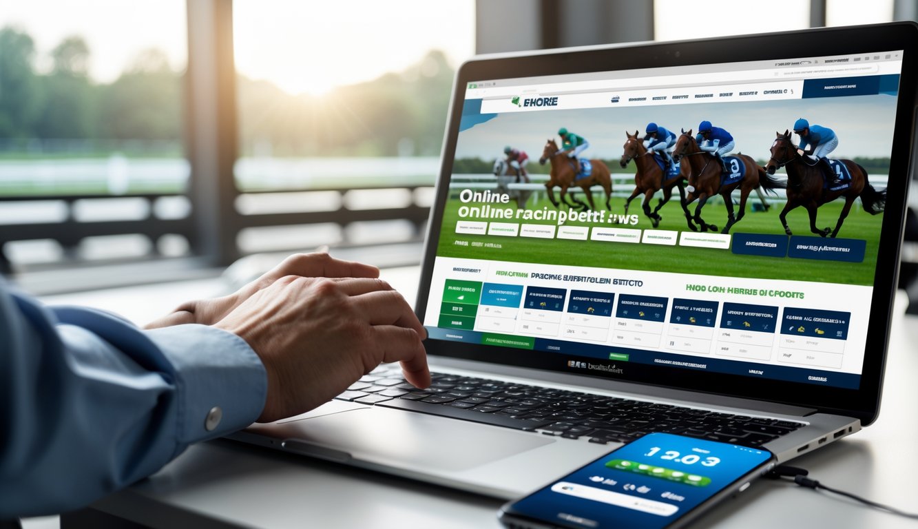 Seseorang menggunakan laptop dan ponsel untuk memasang taruhan balap kuda online di ruang kerja modern.