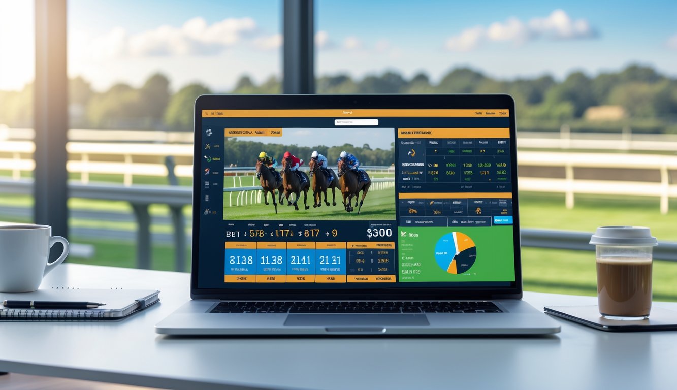 Layar laptop dan ponsel menampilkan data balap kuda online dengan latar belakang balapan kuda yang sedang berlangsung.