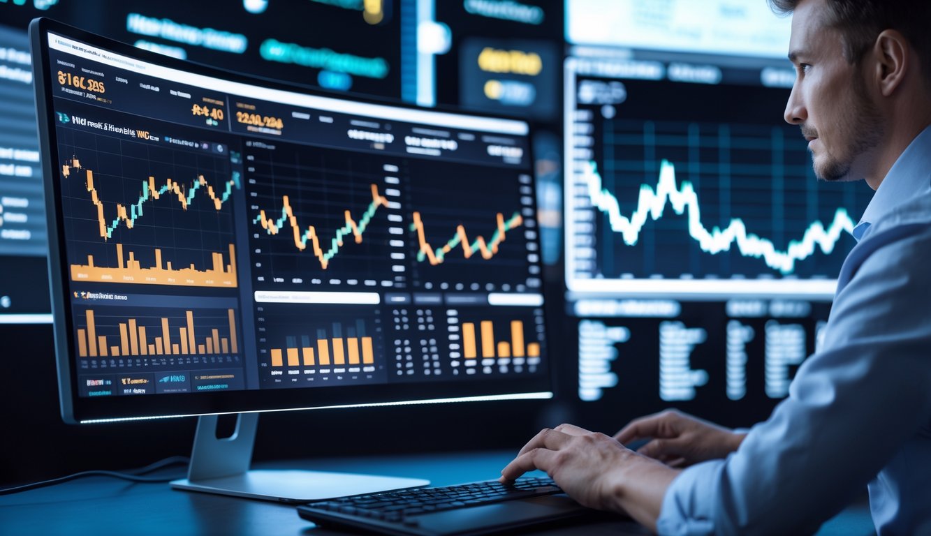 Seseorang menggunakan komputer dengan layar besar yang menampilkan data dan peluang balap kuda secara langsung.