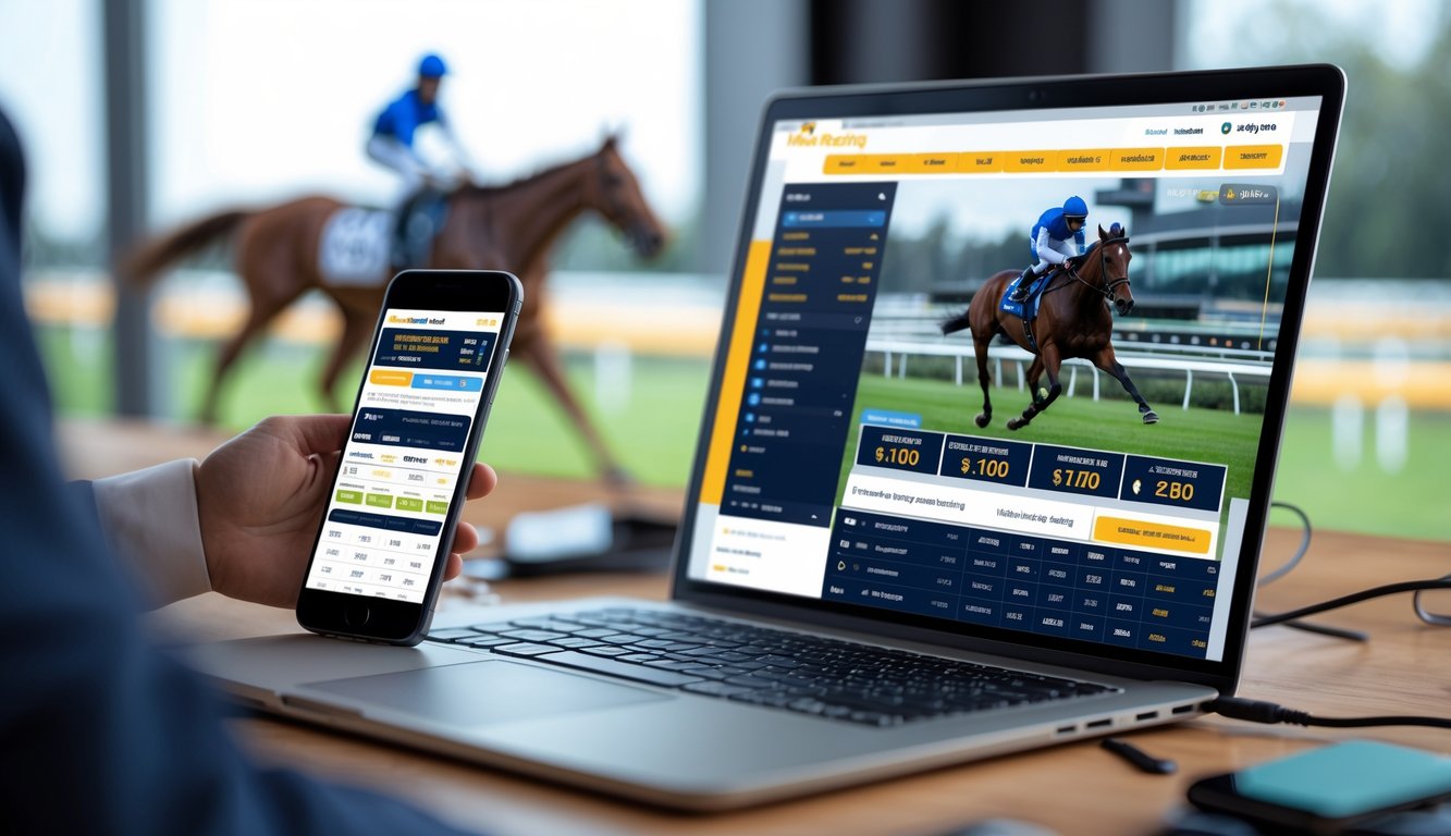 Seorang agen resmi balap kuda online sedang menggunakan laptop dan ponsel untuk taruhan cepat dan aman.