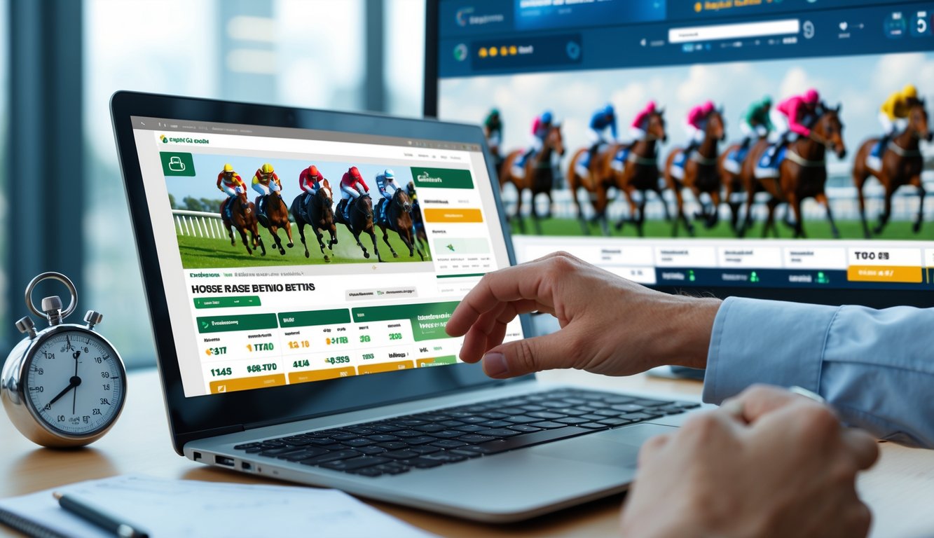 Seseorang menggunakan laptop dengan tampilan situs taruhan balap kuda online di meja kerja yang rapi, dengan gambar balapan kuda samar di latar belakang.