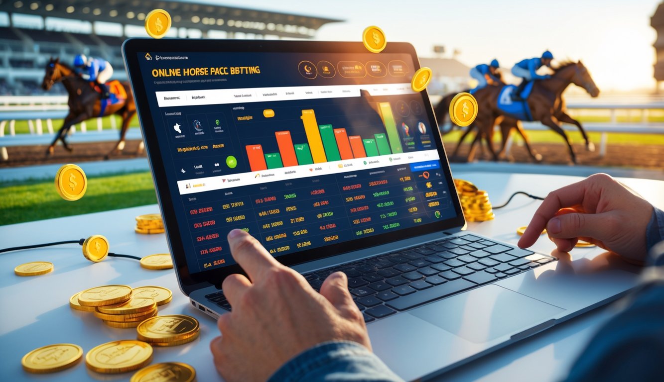 Tampilan perangkat digital dengan antarmuka taruhan balap kuda online, koin emas, dan latar belakang kuda balap berlari di lintasan.