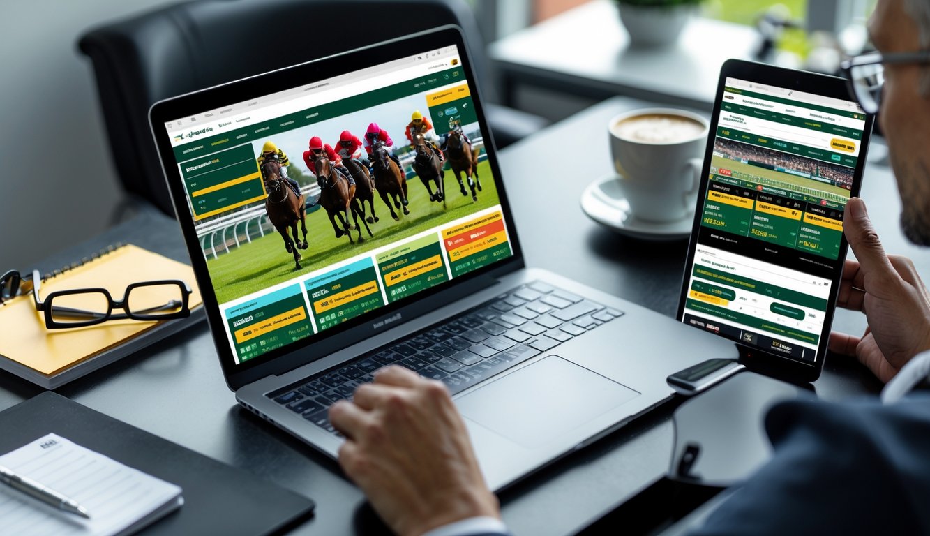 Seorang profesional menggunakan laptop dan perangkat digital untuk memasang taruhan balap kuda secara online di meja kerja modern.