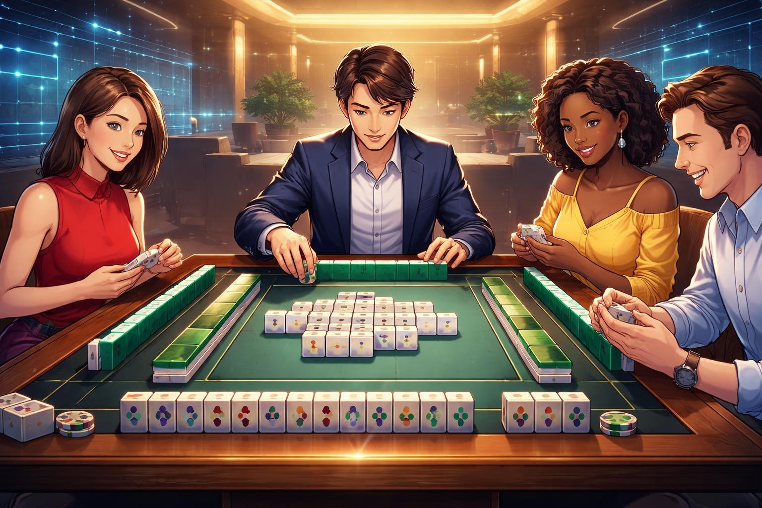 Beberapa orang sedang bermain mahjong di sekitar meja kayu di ruangan modern dengan latar belakang teknologi yang menampilkan suasana menyenangkan dan stabil.