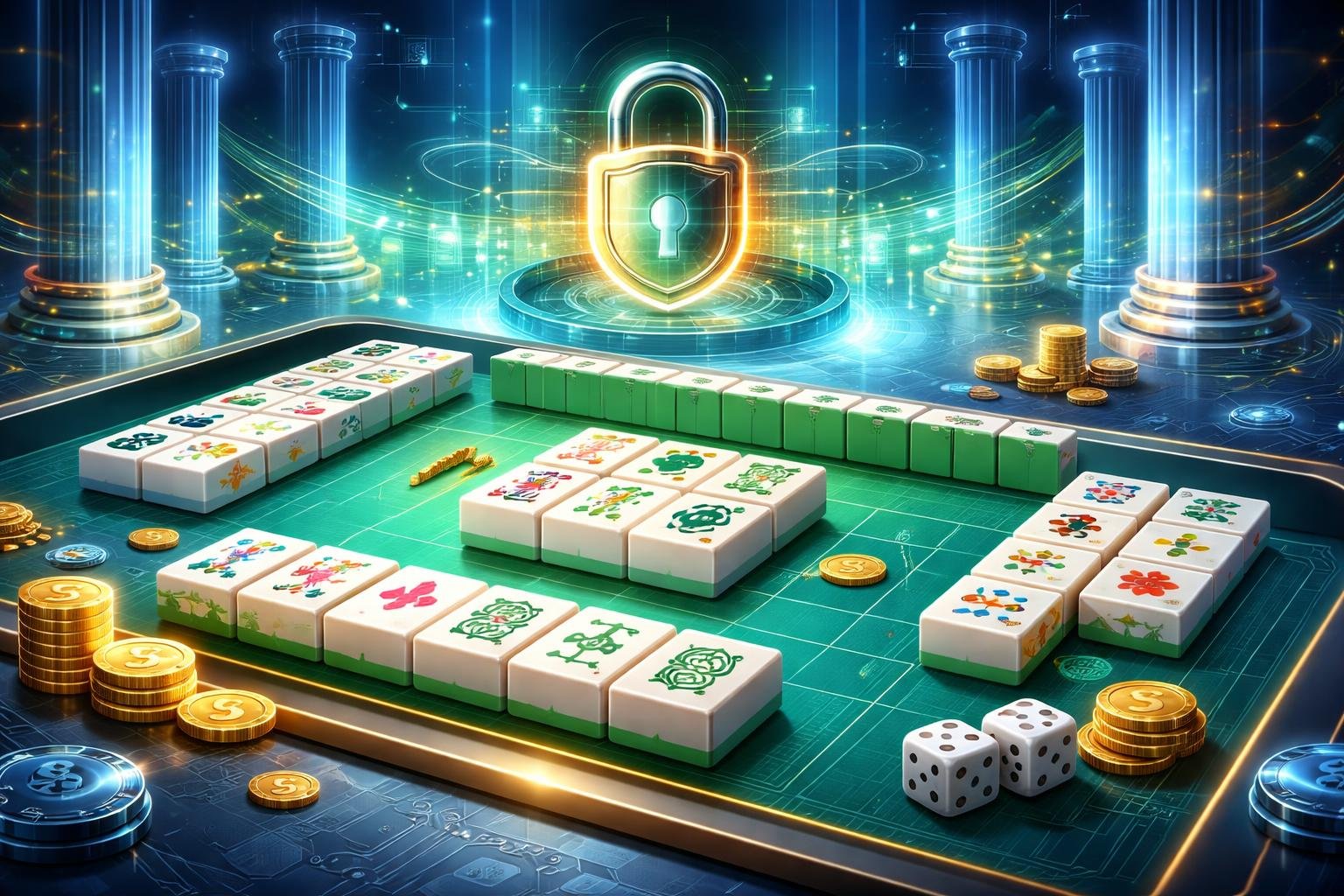 Ilustrasi papan permainan Mahjong digital dengan ubin Mahjong yang rapi dan latar belakang yang menunjukkan simbol stabilitas dan keamanan.