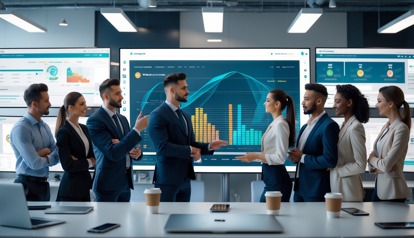 Sekelompok profesional bekerja di kantor modern dengan layar digital besar dan beberapa komputer, menunjukkan suasana kerja agen judi online terpercaya.